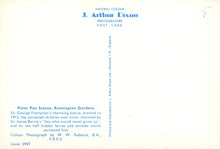 Load image into Gallery viewer, Back of a postcard with text about the Peter Pan statue in Kensington Gardens, London, featuring J. Arthur Dixon's photography.