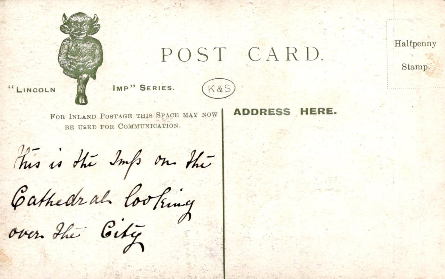 Vintage postcard with a small illustration of a figure and text on a light background