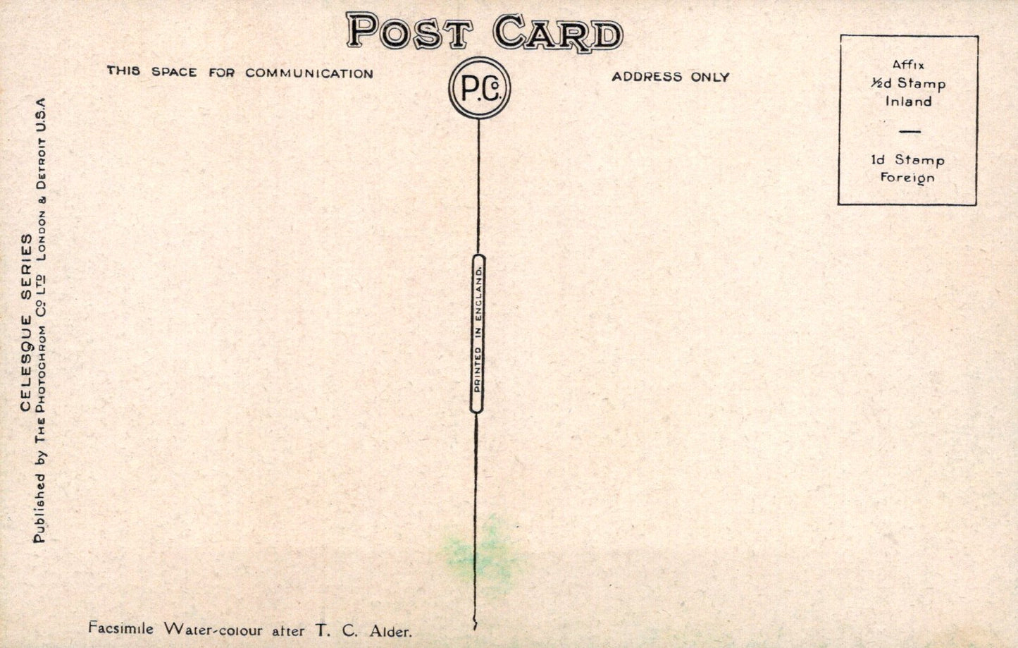 Vintage postcard with typographic design and 'PC' logo