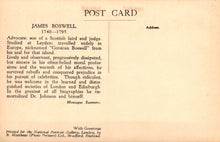 Load image into Gallery viewer, Vintage postcard with text about James Boswell on a beige background