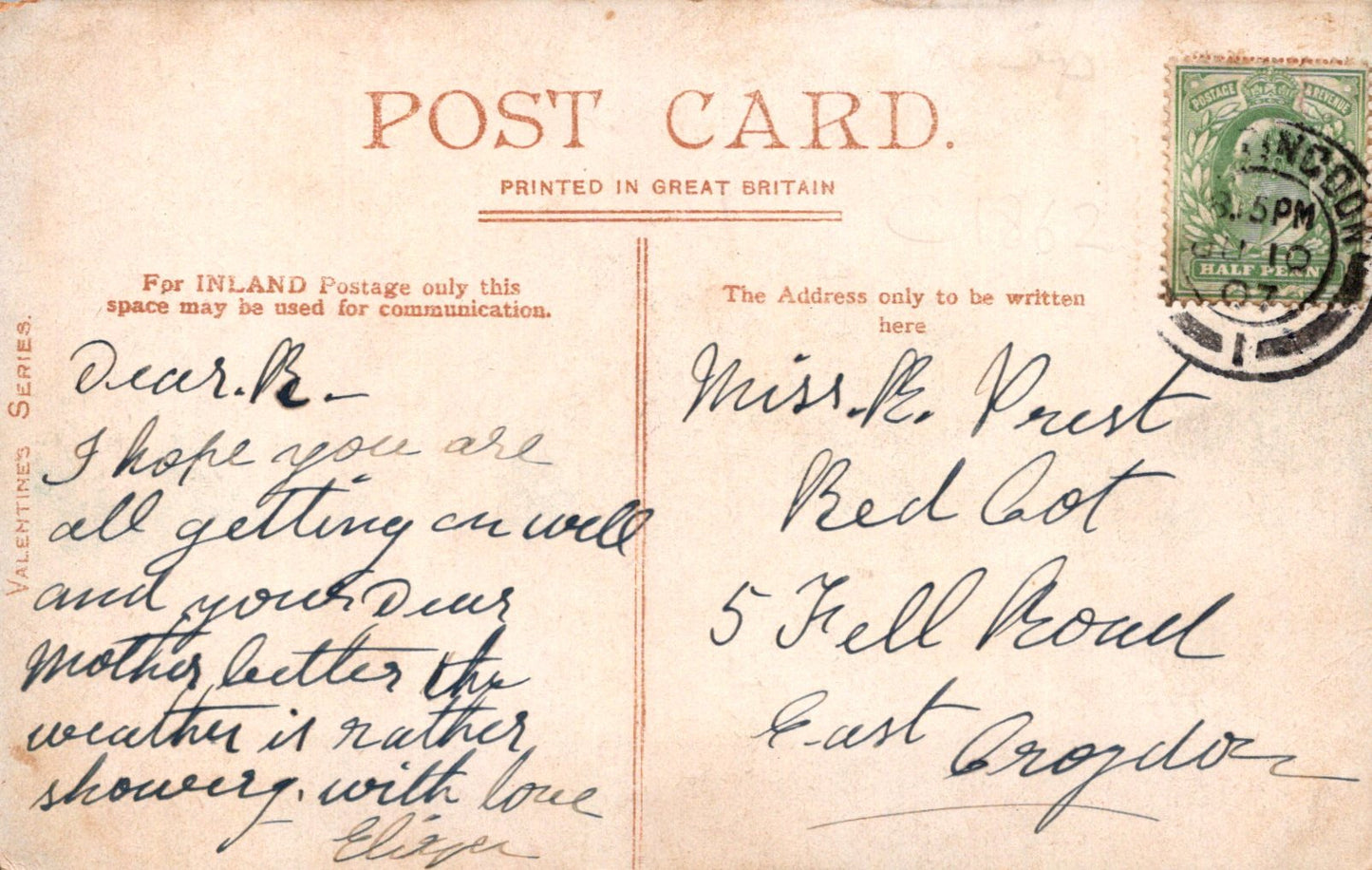 Vintage postcard with handwritten text and a stamp, printed in Great Britain.