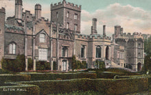 Load image into Gallery viewer, Elton Hall, a large castle-like building with battlements, surrounded by greenery.