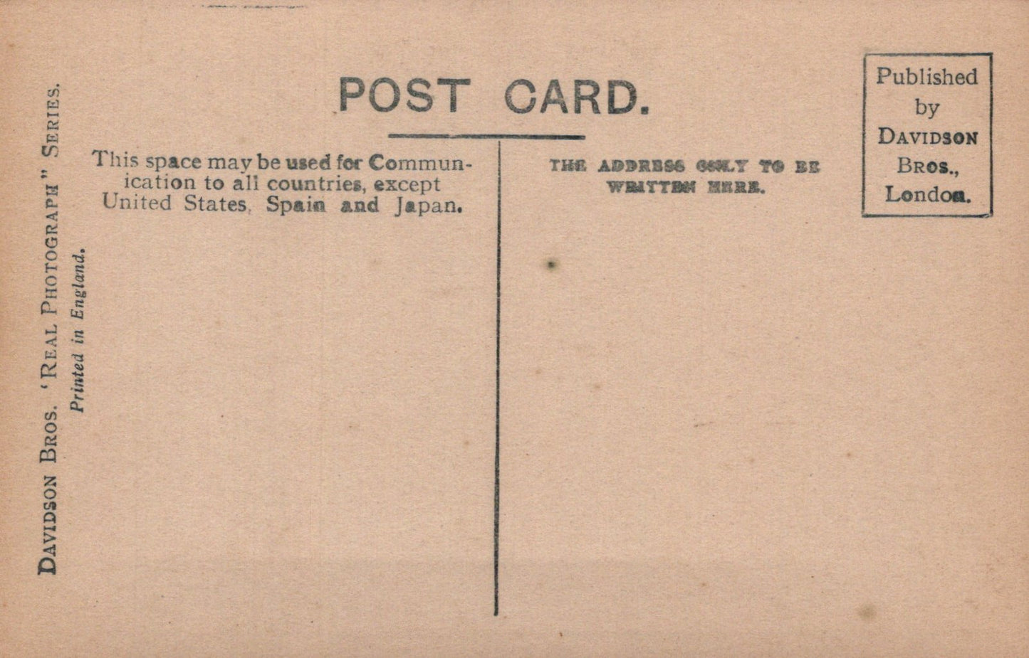 Back of a vintage postcard with text and branding