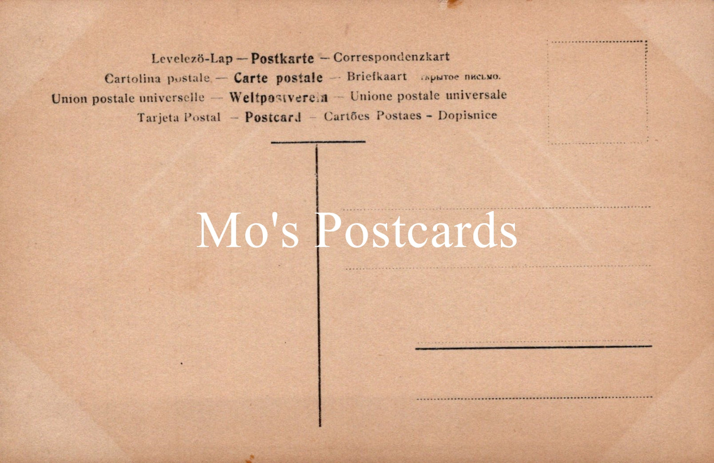 Back of a postcard with text in multiple languages.