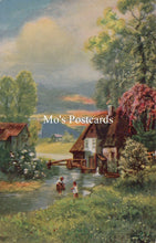 Load image into Gallery viewer, Painting of a serene landscape with houses and people by a stream.