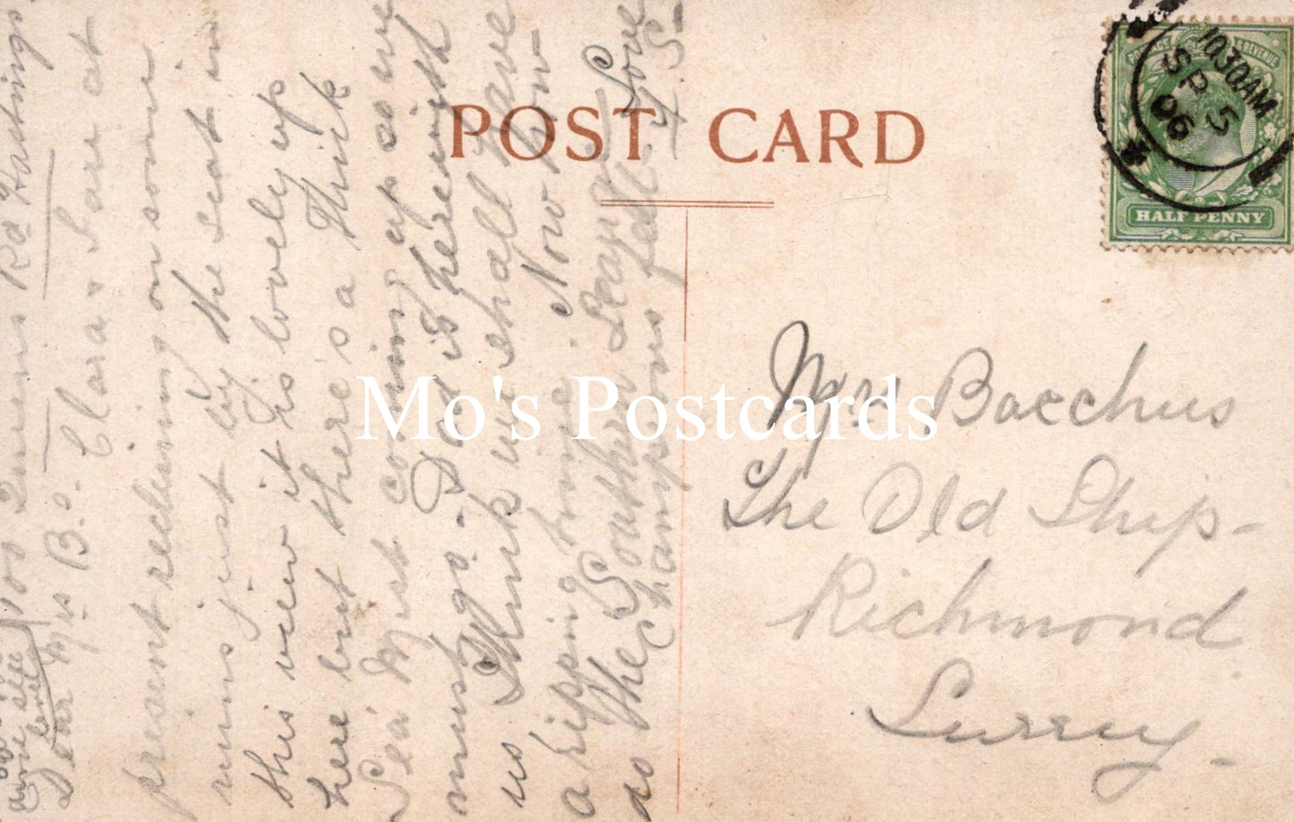 Vintage postcard with handwritten text and a stamp, featuring the brand 'Mo's Postcards'.