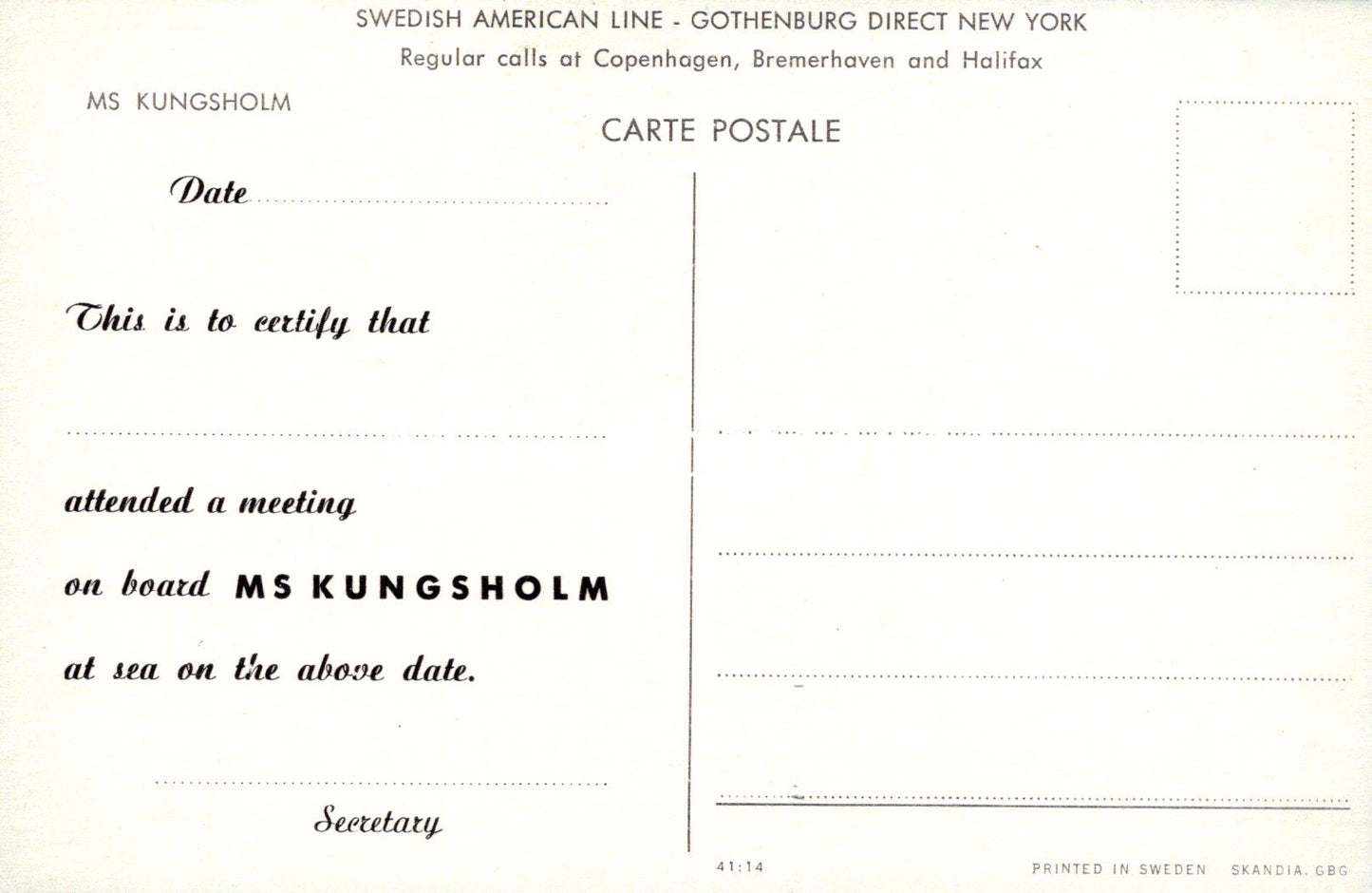 Shipping Postcard - MS Kungsholm, Swedish American Line SW18703