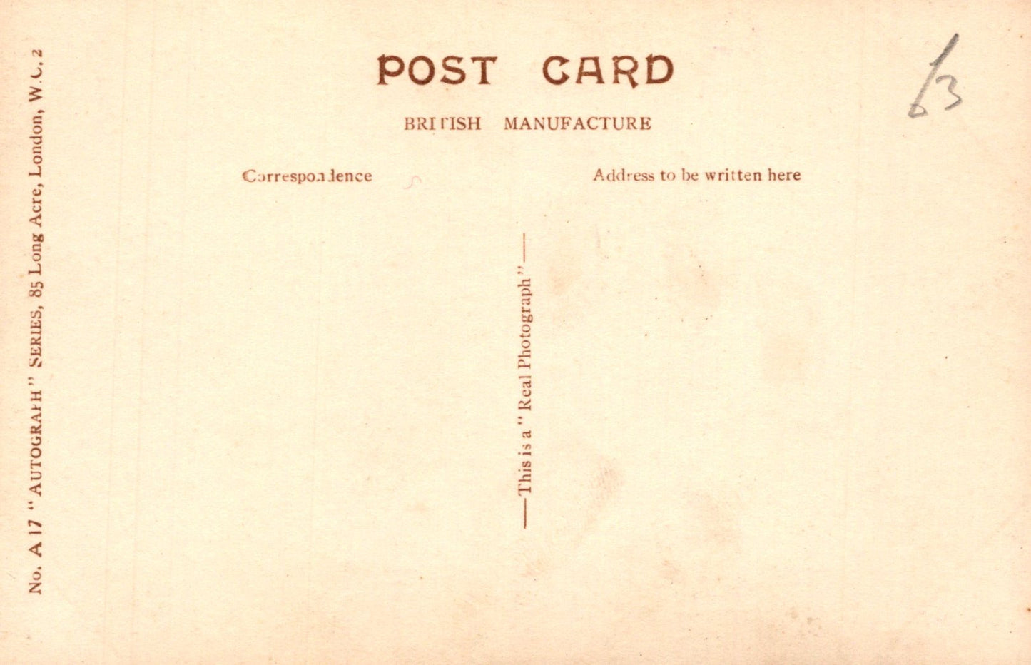 Back of a vintage postcard with text and a number '13' on a beige background