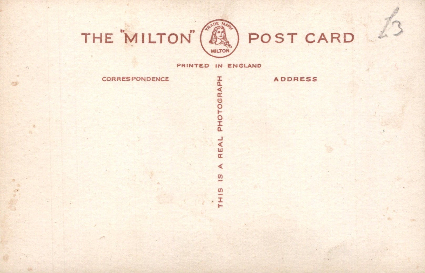 Back of a Milton postcard with text and logo