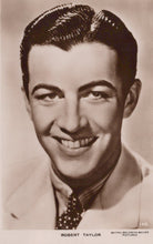 Load image into Gallery viewer, Vintage black and white portrait of a smiling man with a suit and tie, labeled 'Robert Taylor'.