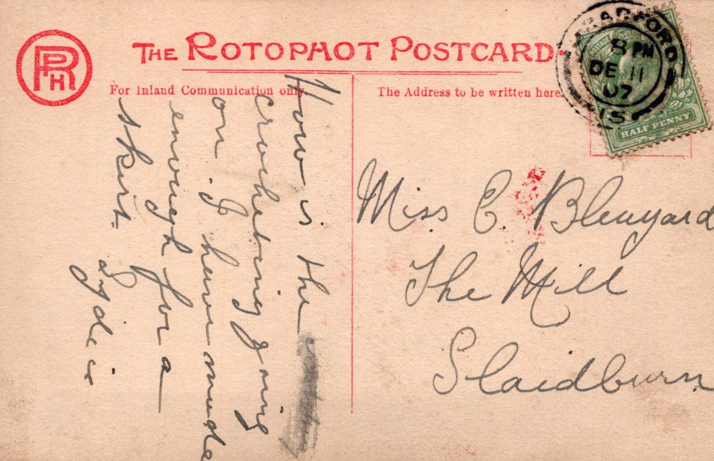 Vintage postcard with handwritten text and a stamp, featuring the Rotophot Postcard logo.