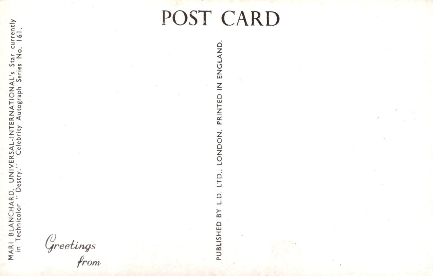 Back of a postcard with text about publication details.
