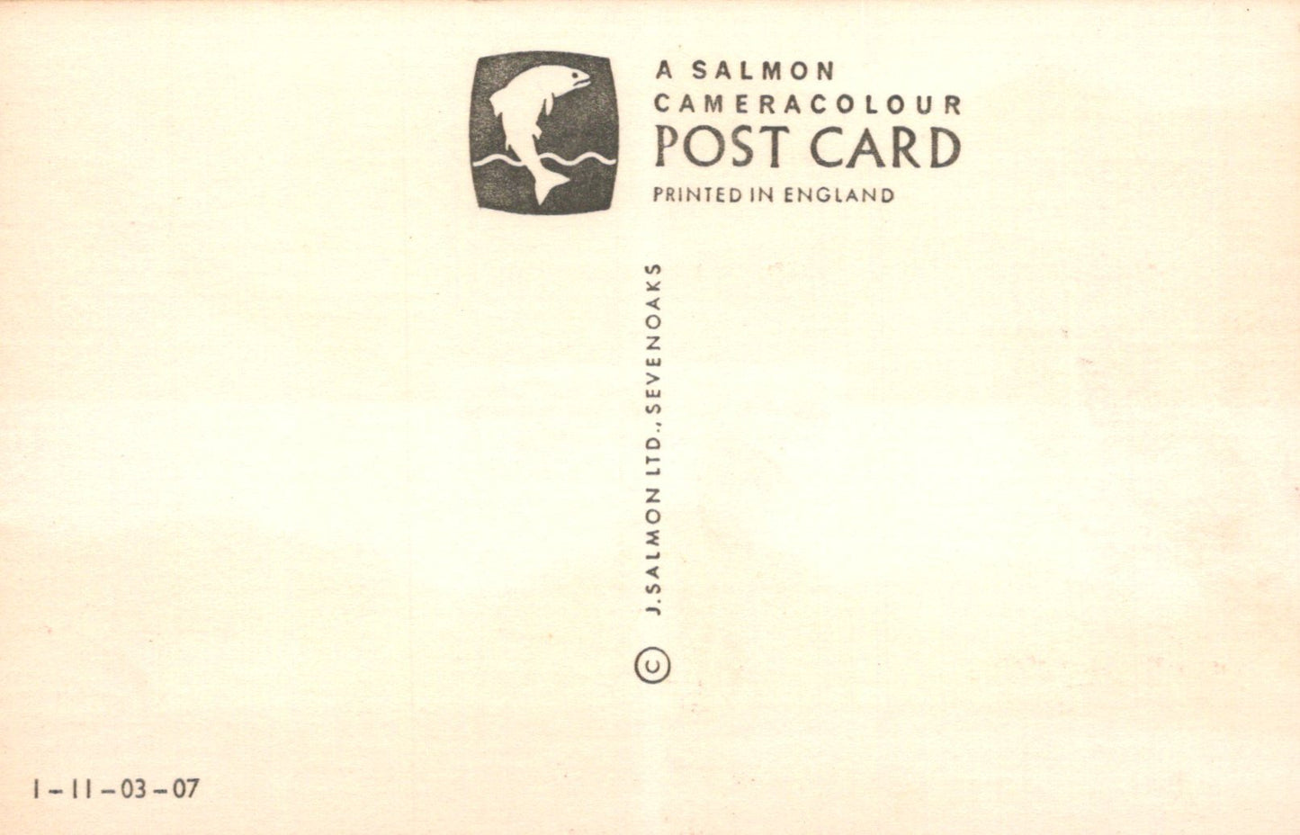 Salmon Cameracolour postcard with branding and text on a beige background