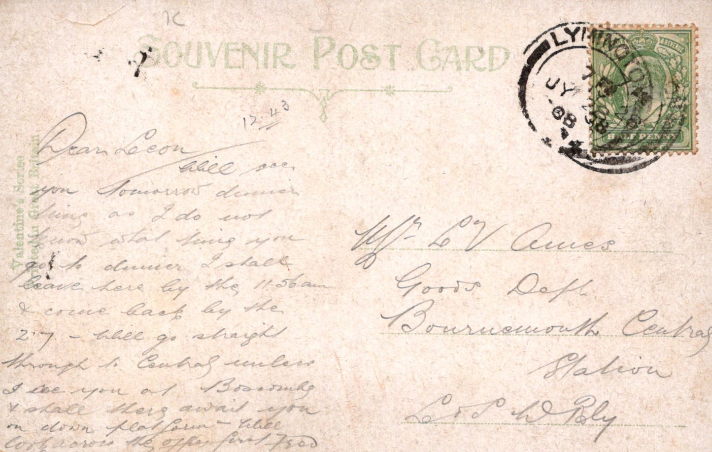 Vintage postcard with text and stamp, featuring a handwritten message.