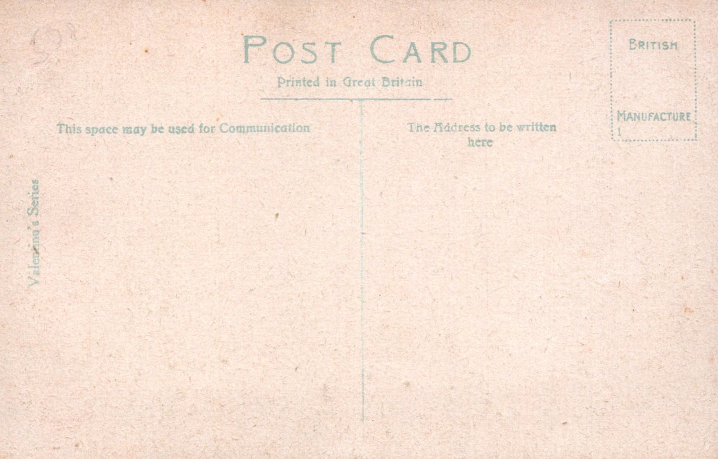 Back of a vintage postcard with printed text and a textured beige background