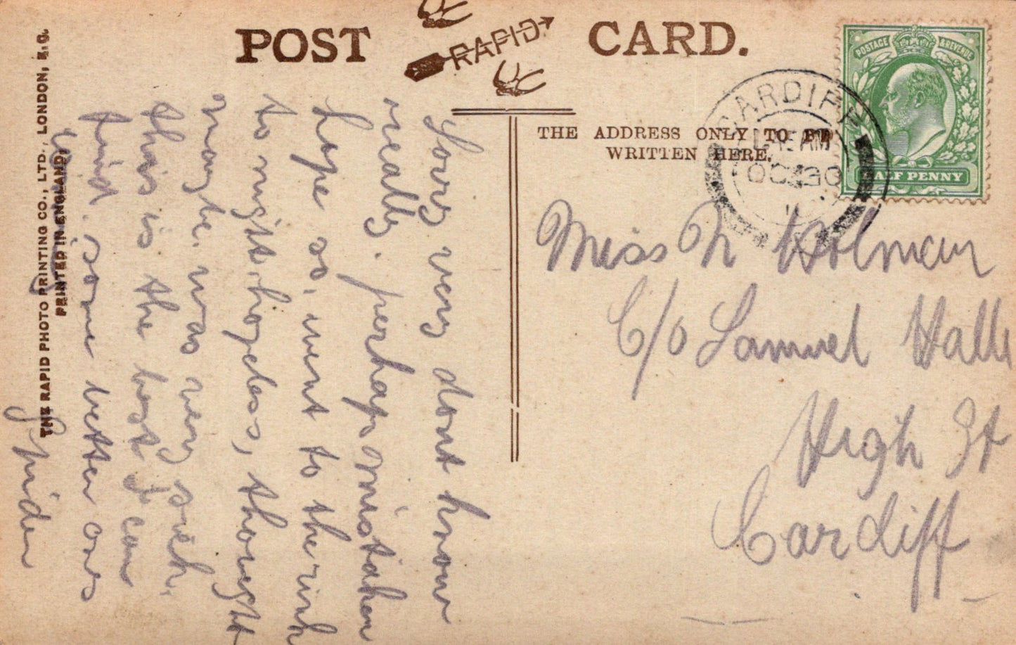 Vintage postcard with handwritten text and a stamp, featuring a green stamp with a portrait on the top right corner.