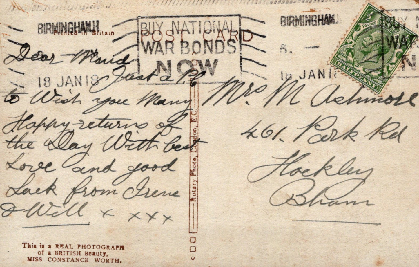Vintage postcard with handwritten text and a stamp, featuring a call to buy war bonds.