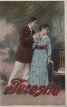 Load image into Gallery viewer, Vintage-style illustration of a man and woman in formal attire with 'Teresita' text.