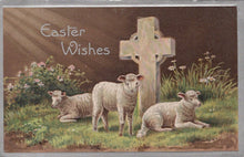 Load image into Gallery viewer, Vintage Easter card with sheep and a cross, featuring 'Easter Wishes' text.
