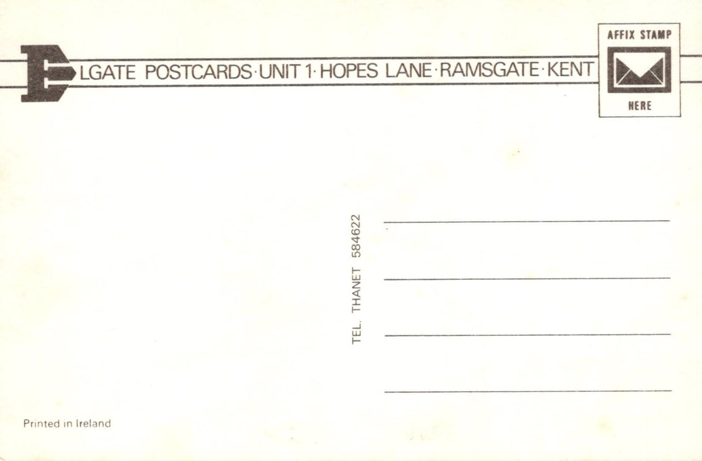Back of a postcard with address information and branding