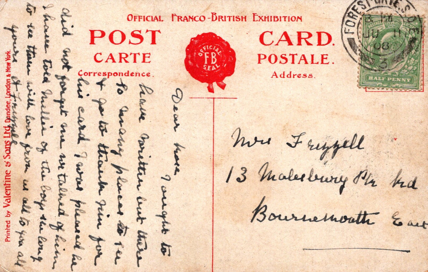 Vintage postcard with red stamp and text, featuring a green stamp on the top right corner.