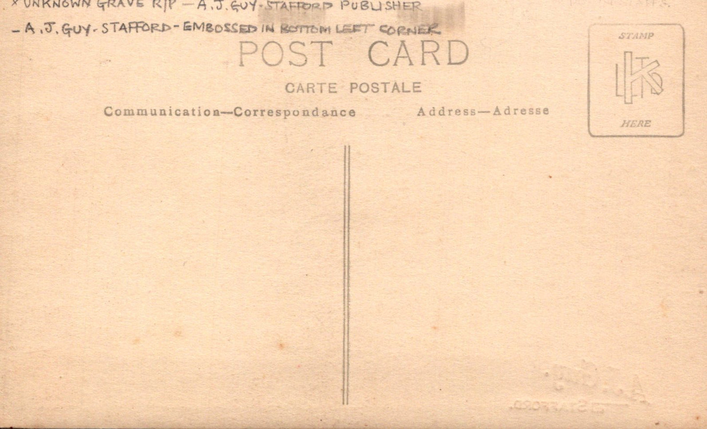 Back of a vintage postcard with text and a stamp