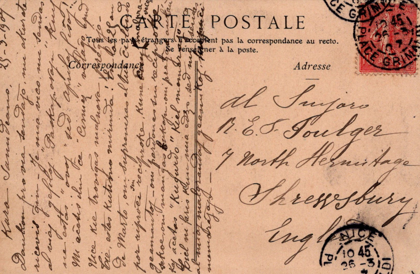 Vintage postcard with text and stamps, featuring a handwritten address.