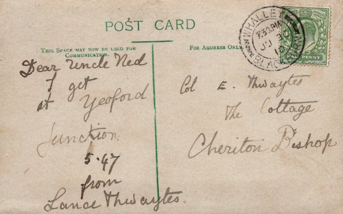 Vintage postcard with handwritten text and a stamp, featuring a green and black design.