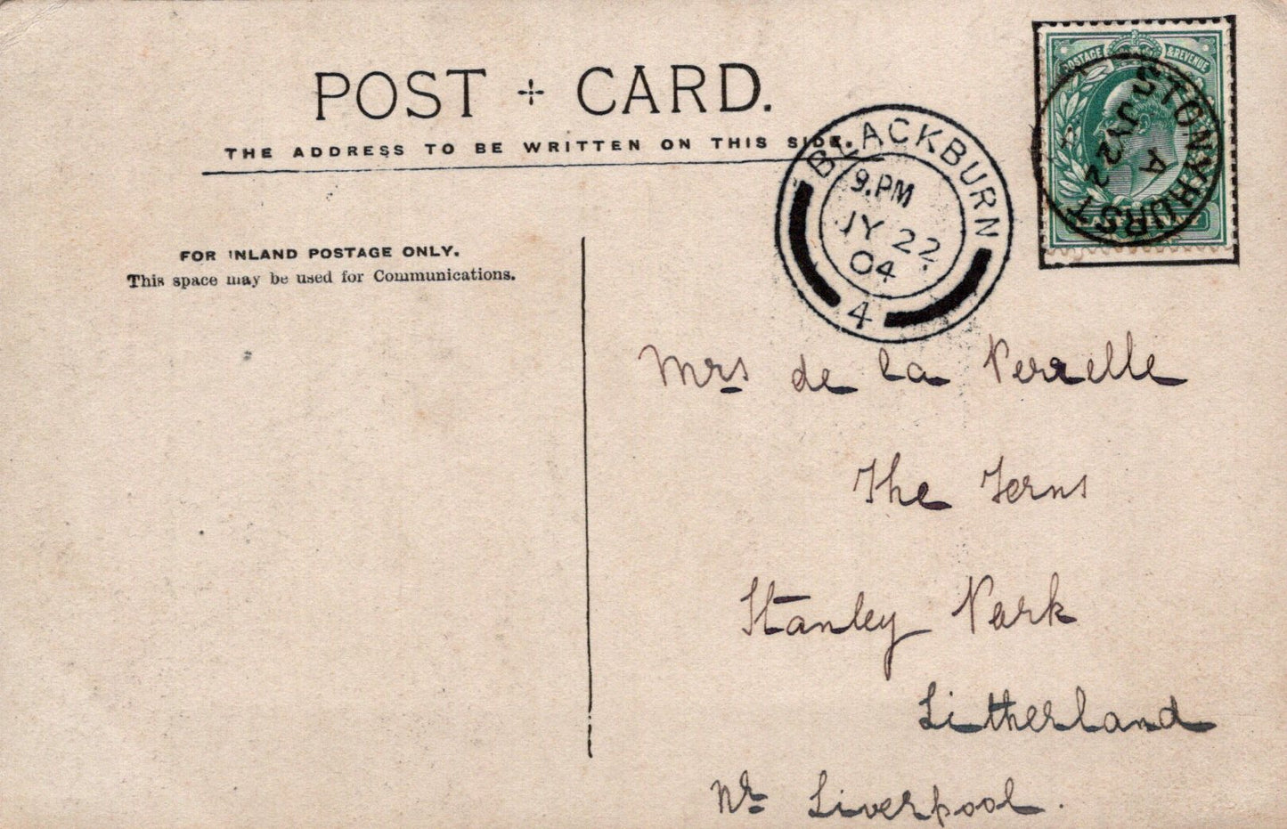 Vintage postcard with handwritten address and a stamp, featuring a brown background.