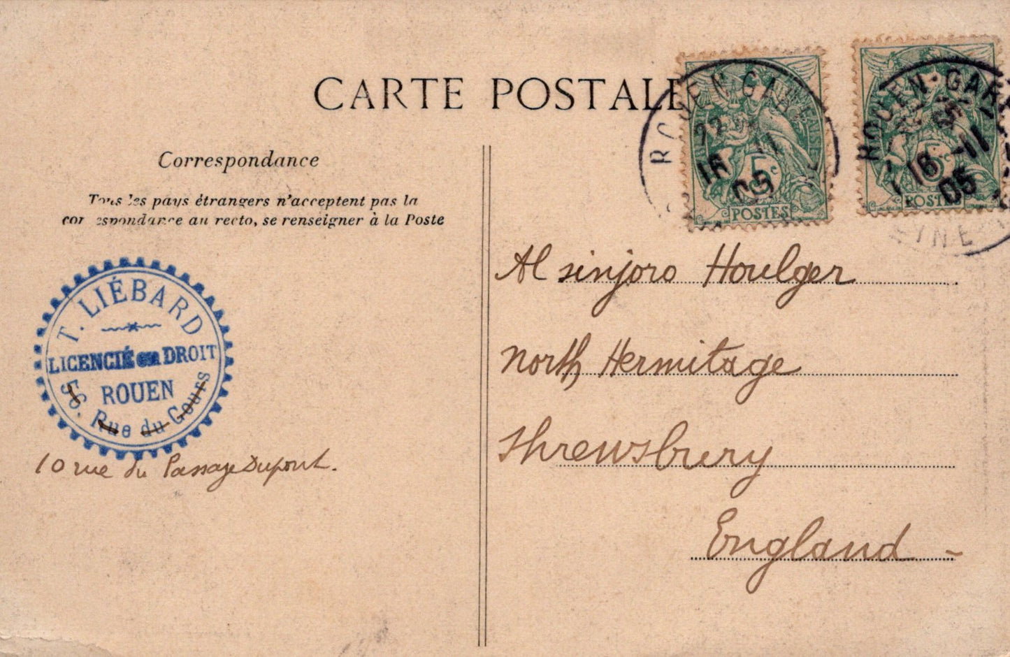 Vintage postcard with stamps and a sender's address on a brown background