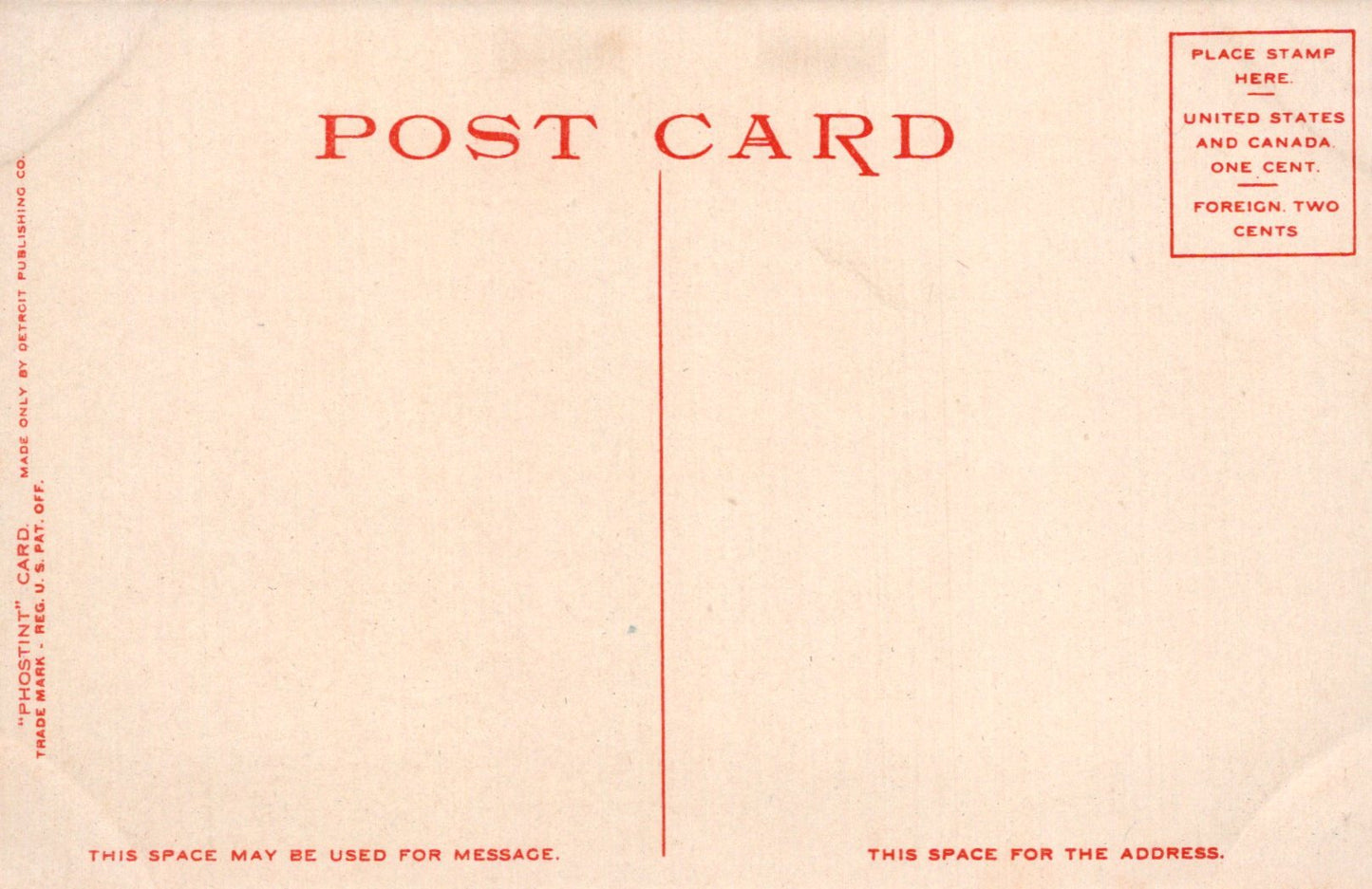 Back of a vintage postcard with red text on a beige background