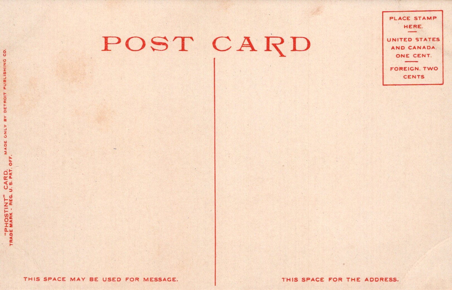 Vintage postcard with red text and stamp placeholder on beige background