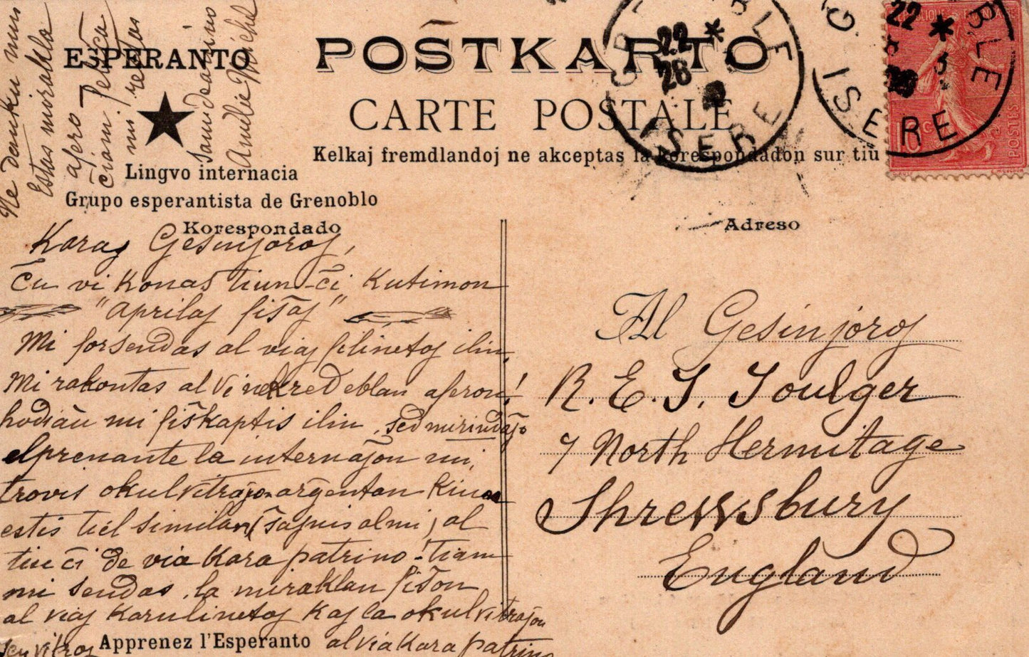 Vintage postcard with text and stamps, addressed to Shrewsbury, England