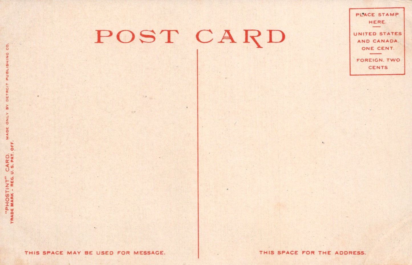 Back of a vintage postcard with red text and stamp information.