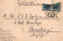 Load image into Gallery viewer, Vintage postcard with postage stamps and handwritten text on a light brown background