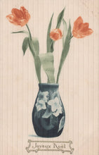 Load image into Gallery viewer, Decorative card with a blue vase holding red tulips on a striped background