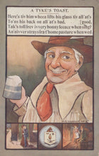 Load image into Gallery viewer, Vintage-style illustration of a man with a mug, text, and small inset images on a beige background.