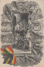 Load image into Gallery viewer, Decorative card with intricate lace border and central image of a building, featuring a Belgian flag.