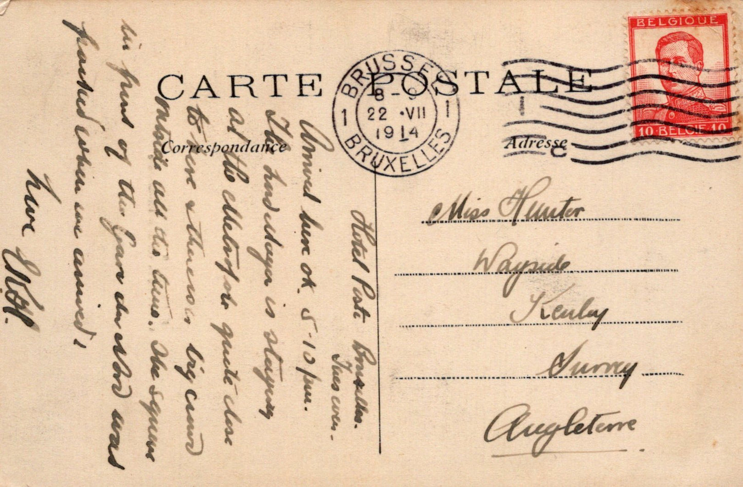 Vintage postcard with text and postage stamp, sent from Bruxelles on July 22, 1914.