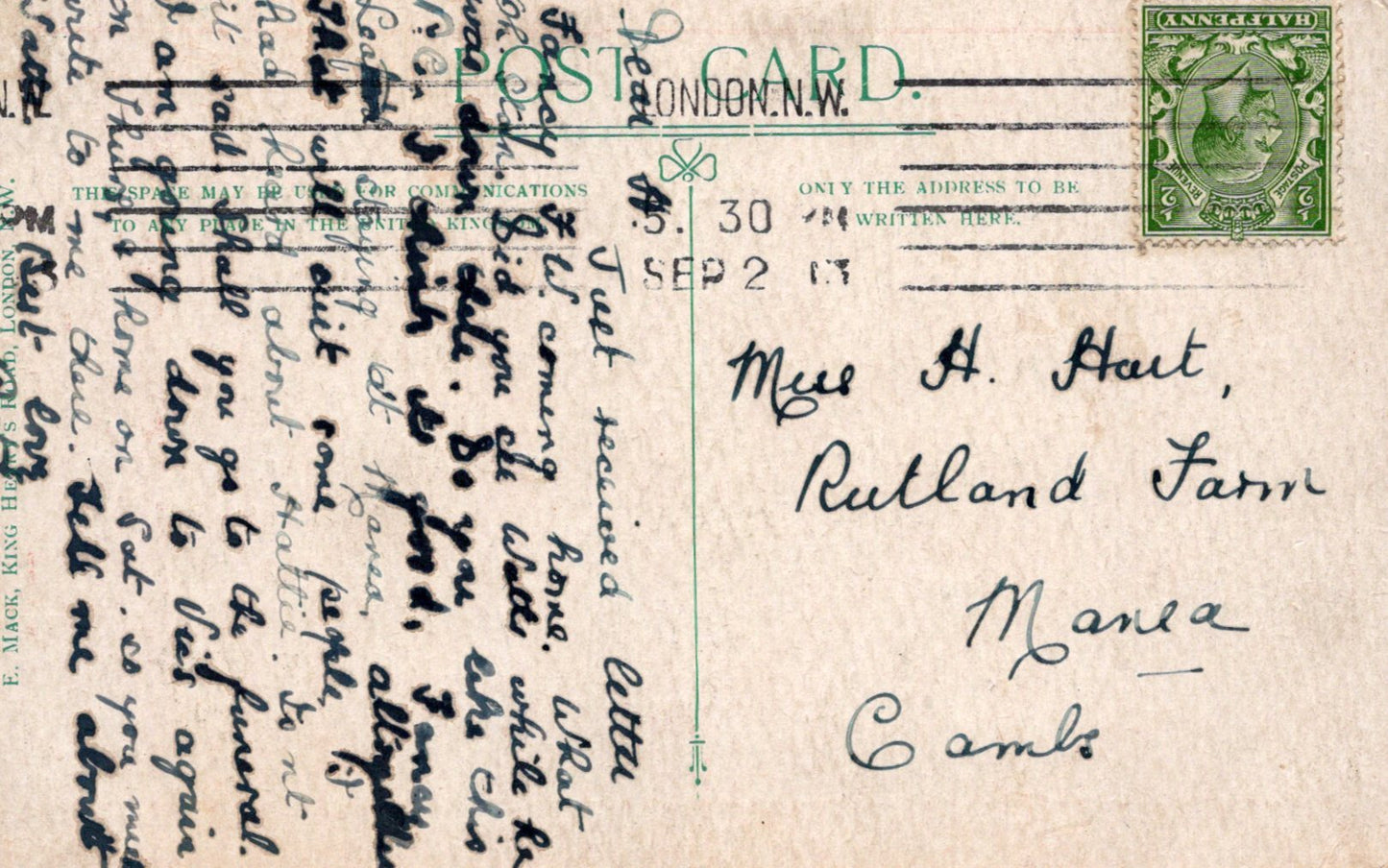 Vintage postcard with text and a stamp on a textured background