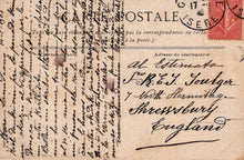 Load image into Gallery viewer, Vintage postcard with text and a red stamp on a beige background