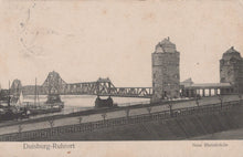 Load image into Gallery viewer, Vintage illustration of a bridge over a river with architectural elements, likely from Duisburg-Ruhrort.