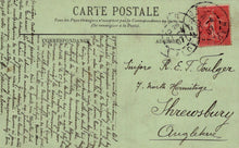 Load image into Gallery viewer, Vintage postcard with text and a red stamp on a green background
