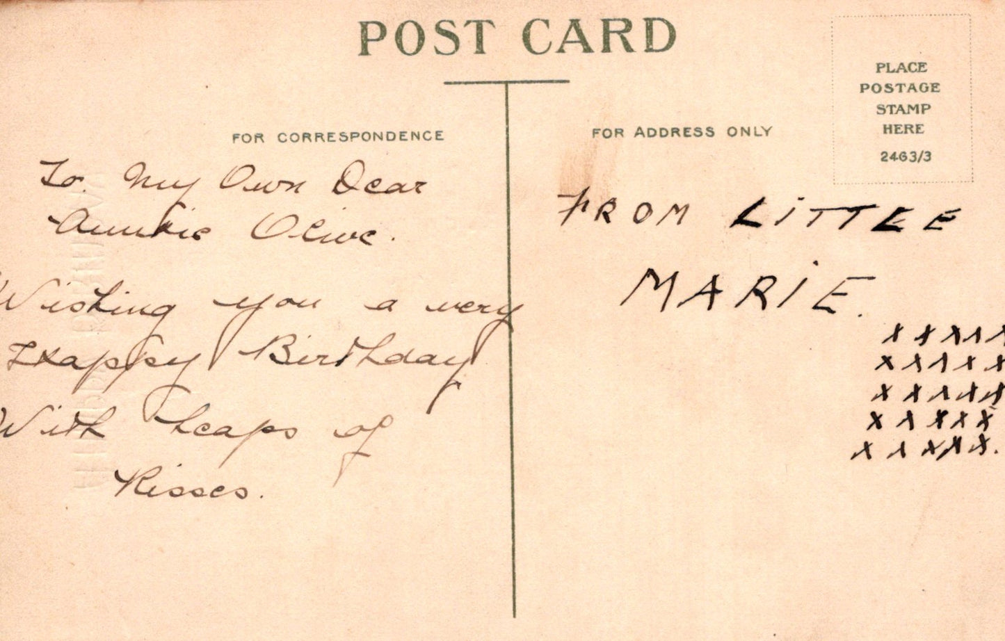 Vintage postcard with handwritten text and a vertical line.