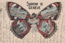 Load image into Gallery viewer, Vintage postcard with a butterfly design featuring scenic images and 'Souvenir de Genève' text.