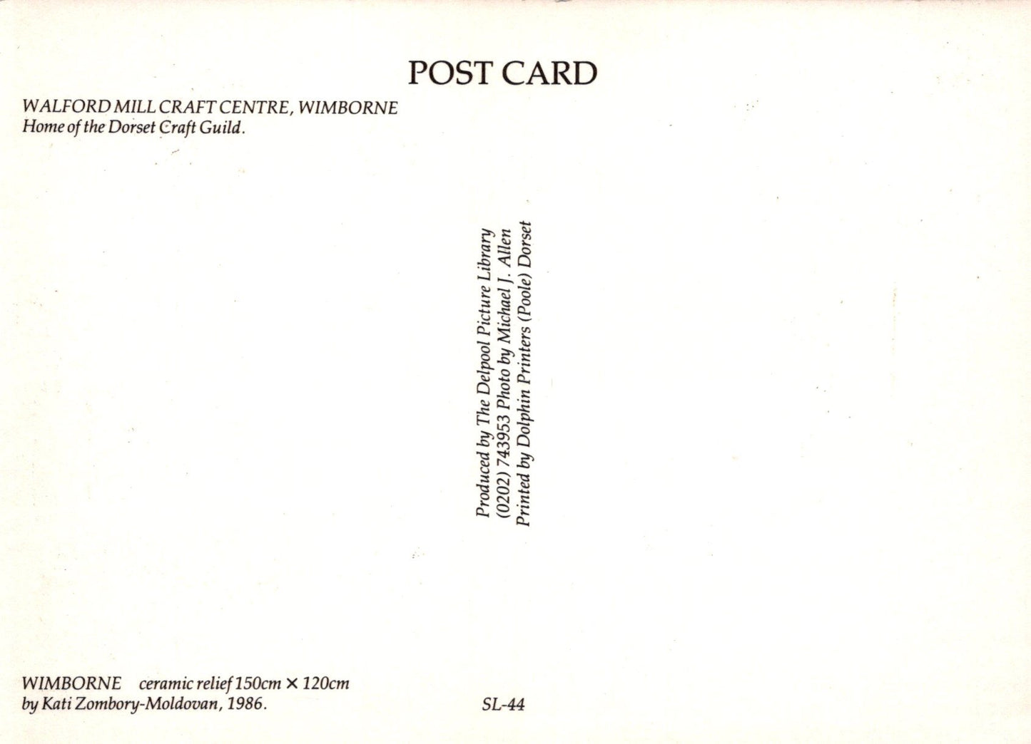 Back of a postcard from Walford Mill Craft Centre, Wimborne with text and a light gradient.