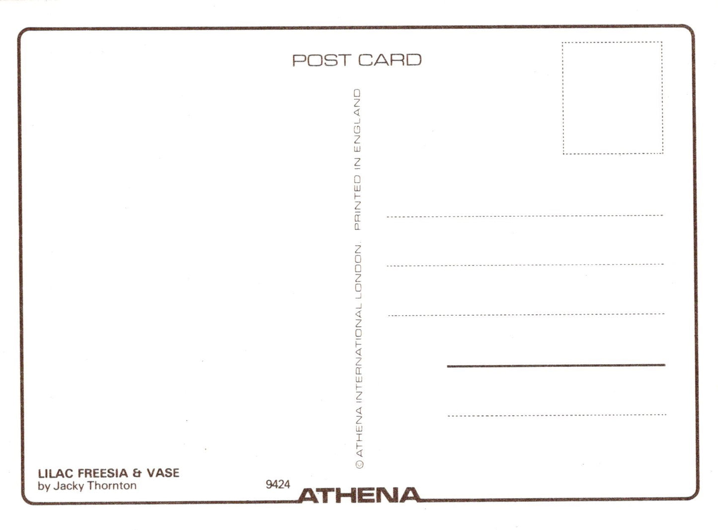 Back of a postcard with 'Athena' branding and text