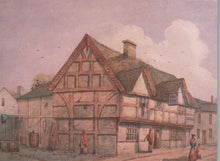 Load image into Gallery viewer, Painting of a street scene with a half-timbered building and people on a street.