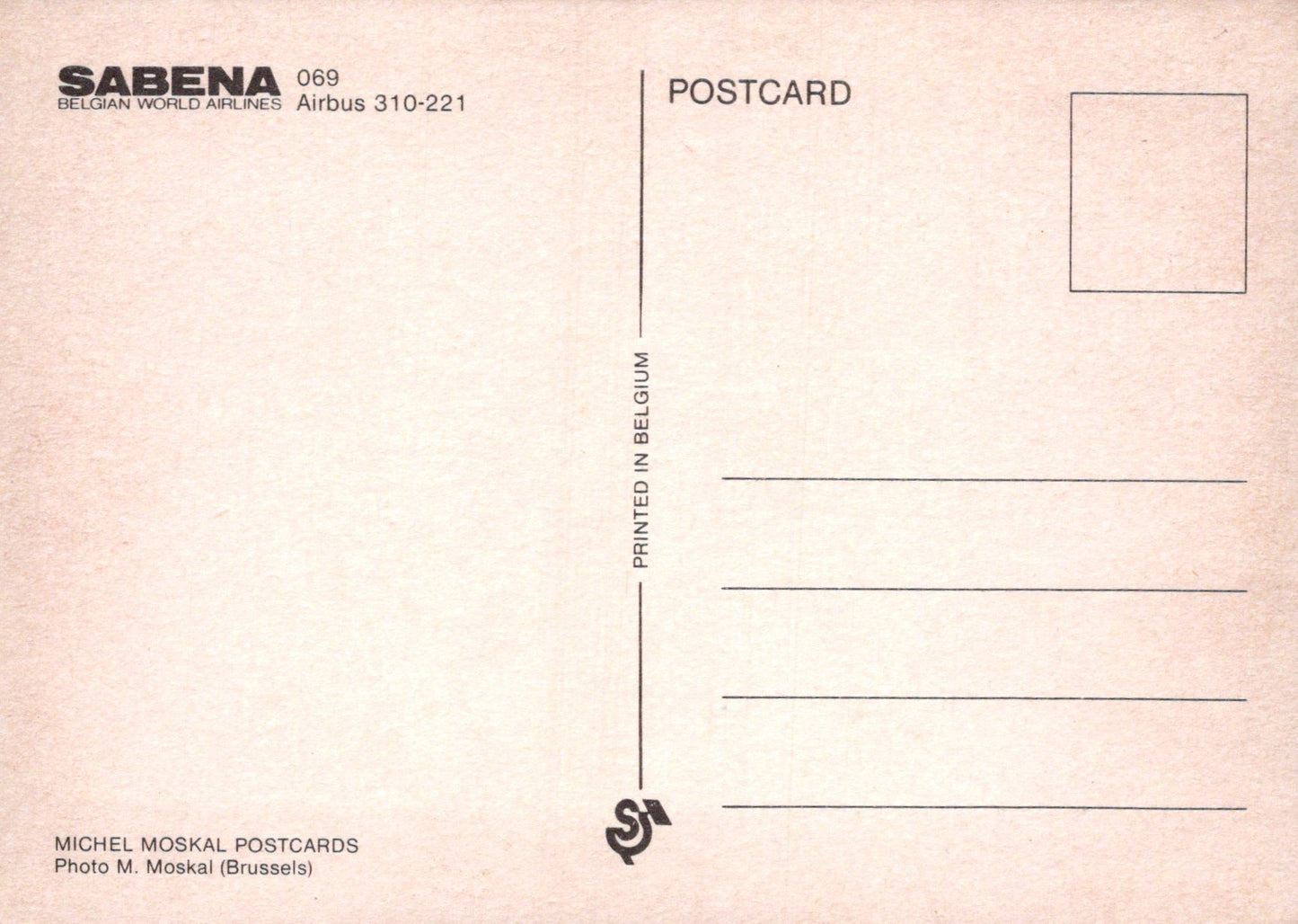 Back of a postcard with Sabena branding and text