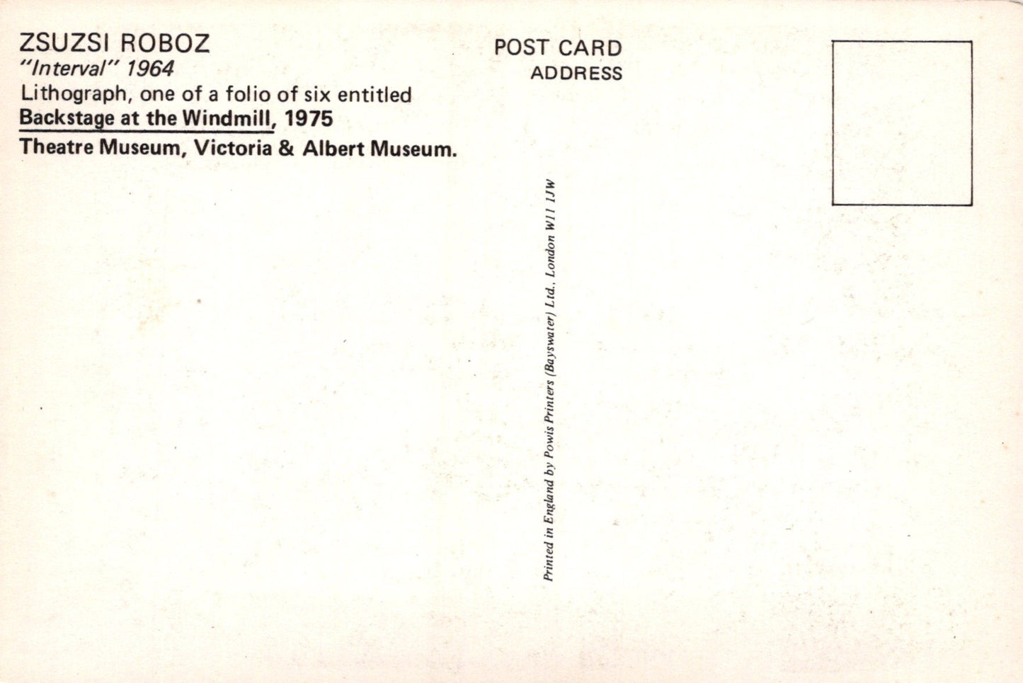 Back of a postcard with text about Zsuzsi Roboz's artwork and Museum information.